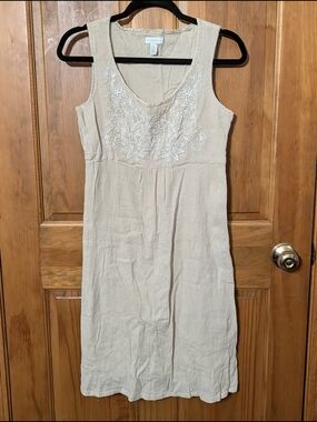 Charter Club Beige Tank Dress with White Floral Embroidery